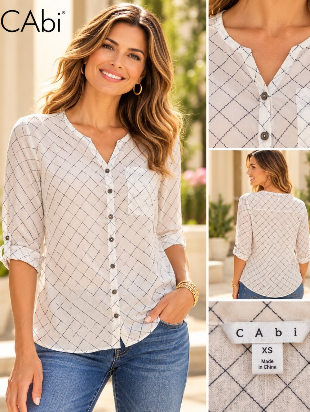 CAbi White Grid-Print Button Front Blouse